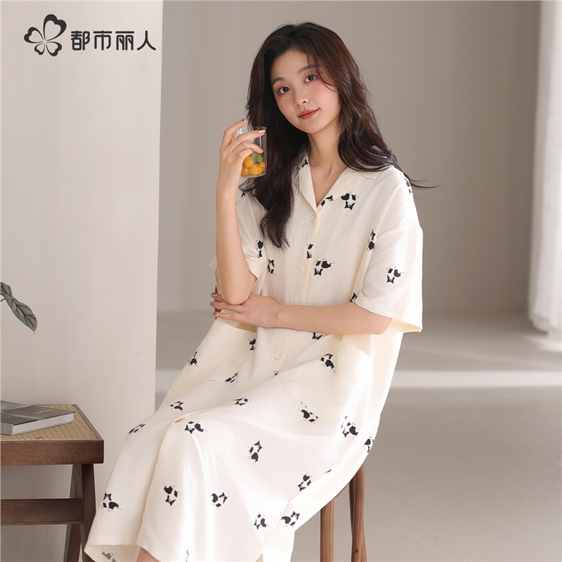 睡裙女款夏季2025新款云朵棉衬衫裙可爱猫咪印花女士睡衣