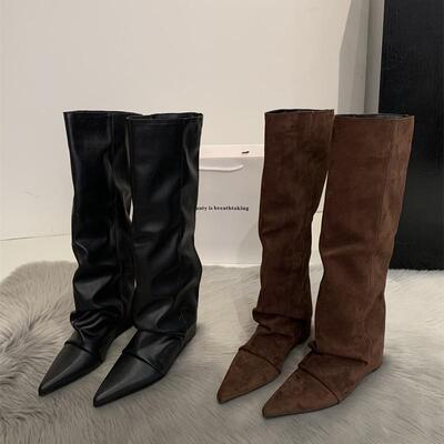 尖头内增高7cm高筒裤管靴女2025新款磨砂宽筒骑士靴不过膝长筒靴