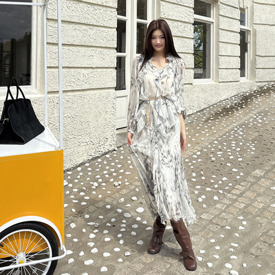 2026春夏新款法式豹纹花边长袖衬衫两件套装女不规则半身裙子