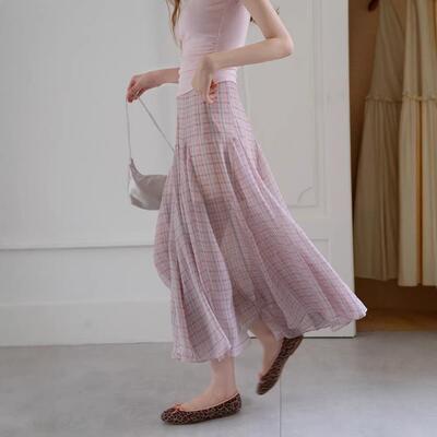 韩系垂感粉格子半身裙女高腰气质显瘦遮跨a字中长裙
