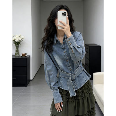 港味复古收腰系带牛仔衬