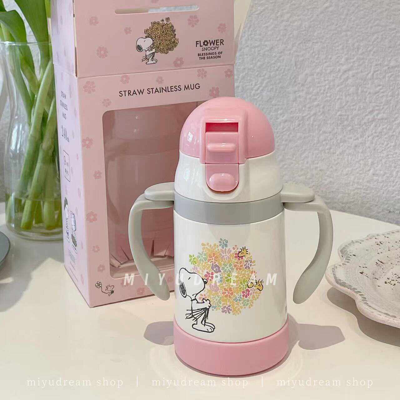 日本代购afternoontea联名史努比儿童吸管不锈钢水杯240ml带手柄