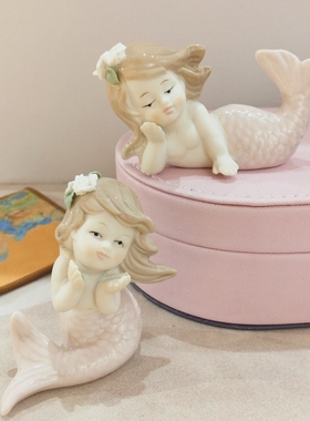 卡通陶瓷美人鱼摆件送朋友女孩子好礼物儿童房办公室桌面小装饰物