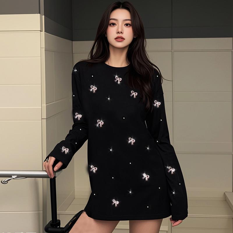胖mm大码女装欧货t恤女潮加绒满天星烫钻百搭重工长袖长款打底衫