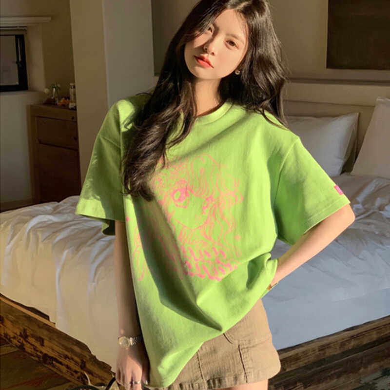 荧光绿短袖t恤女宽松2024新款素描女下衣失踪欧货大版中长款体恤