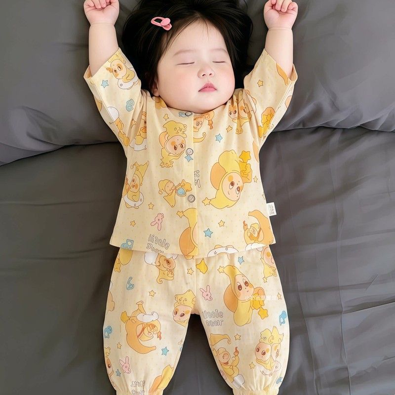 棉绸套装宝宝睡衣卡通儿童家居服夏季新款婴儿衣服超柔软七分袖