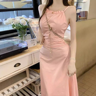 法式 海边度假小个子A字长裙子 挂脖露腰粉色吊带连衣裙女夏季 新款