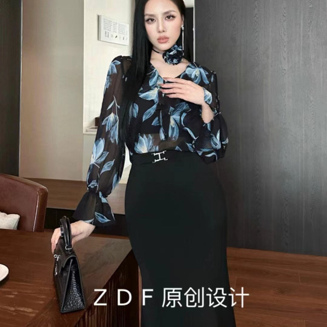 欧货高端洋气时尚立体花朵装饰碎花雪纺衫衬衣女款2025新款爆款