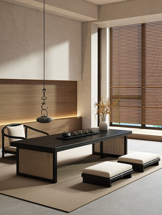 侘寂风实木藤编茶桌椅简约家用小户型茶几黑色实木长方形茶桌茶台