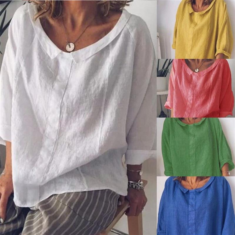 Linen Loose Polo Long Sleeve Shirt时尚亚麻宽松翻领长袖衬衣女