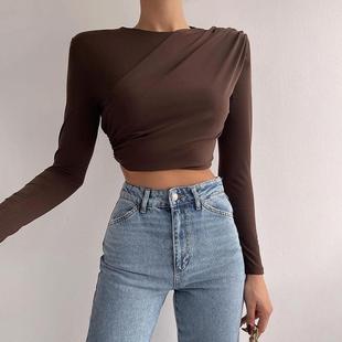 Stre Women Ruched Black Shirts Sexy Casual Basic Top Crop