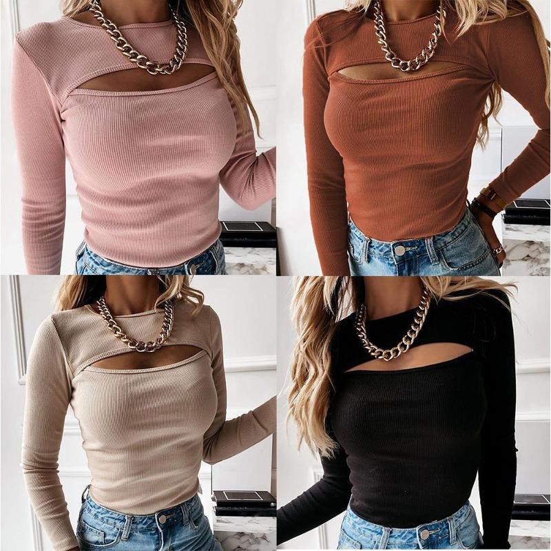Sexy Cutout Long Sleeve Rib Top Women Fashion T-Shirt 针织