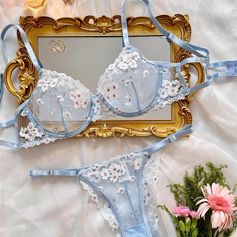 Screen perspective gather underwear set甜美印花刺绣网纱内衣