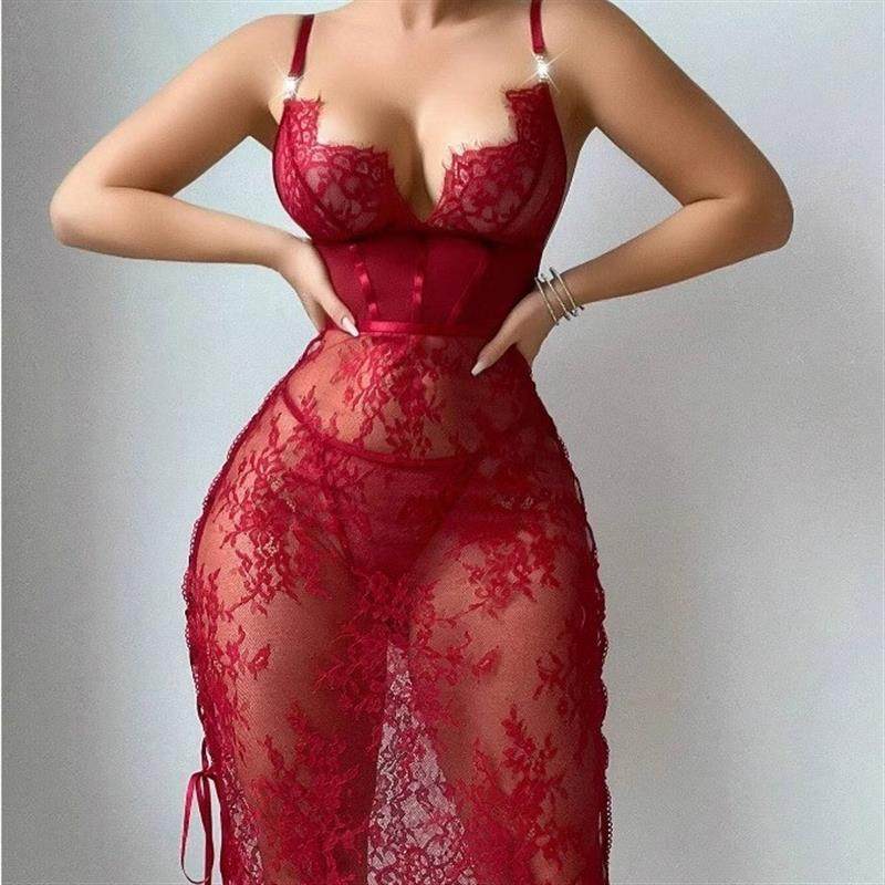 Red sexy open chest, hip hugging lingerie dress, nightgown