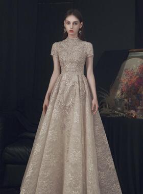 Luxury Lace Long Evening Dresses With Short Sleeves 2024 Be