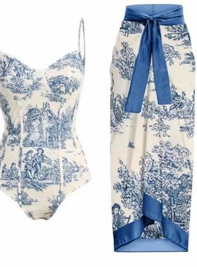 Long skirt swimsuit women's retro blue and white porcelain p