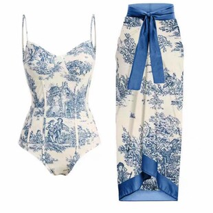 Long skirt swimsuit women's retro blue and white porcelain p
