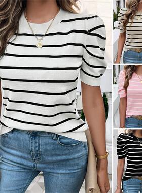 上衣毛衣 Summer Tops Women Short Sleeves Pink Stripe Sweater