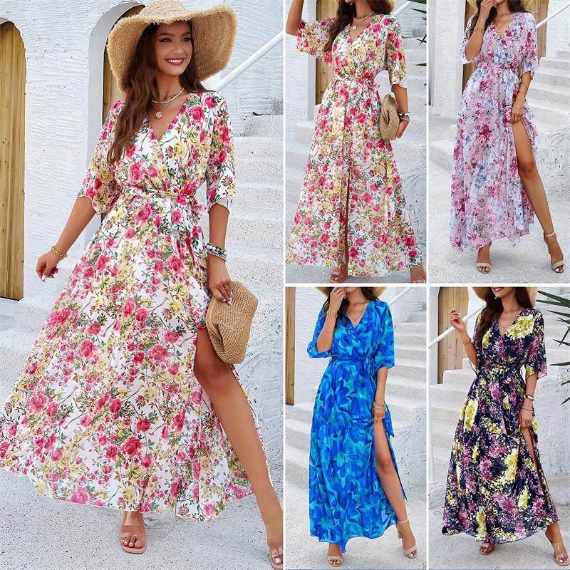 印花长裙女裙Summer Floral Printing V-neck Women Long Dresses