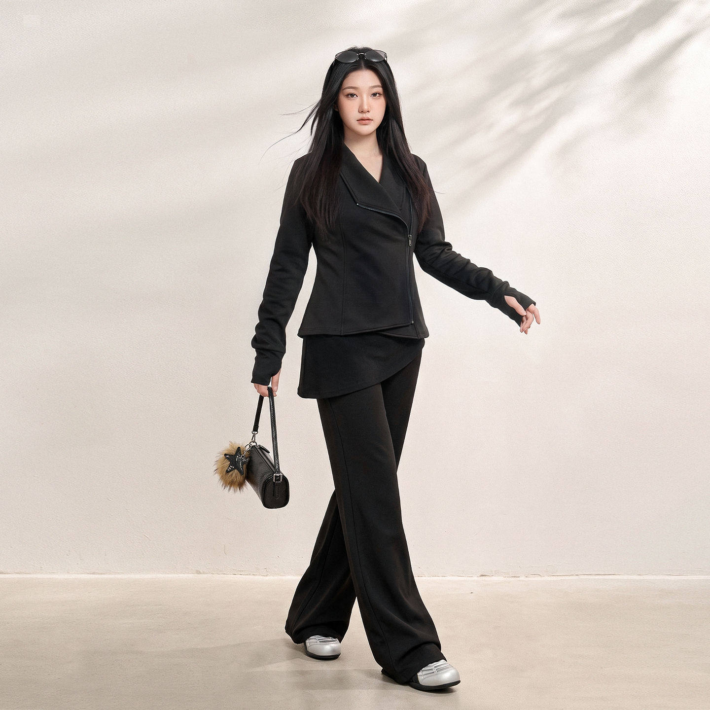 机能风黑色系机车外套秋新款胖mm大码女装设计感翻领上衣女88040