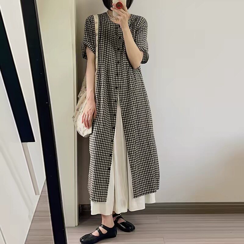 夏装新款大码女装日系慵懒风格子衬衫连衣裙简约上衣