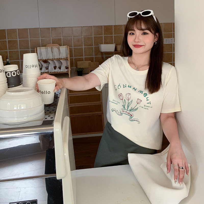 原创设计奶甜郁金香印花短袖t恤胖mm大码女装圆领t正肩显瘦62528