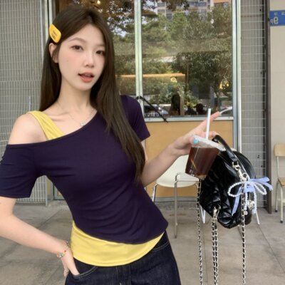 大码胖MM夏季新款纯欲风假两件露肩T恤修身显瘦上衣