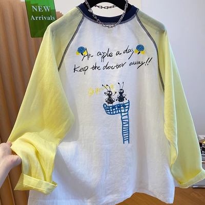 早秋新款大码女装撞色拼接插肩袖防晒长袖t恤宽松漂亮衣上衣