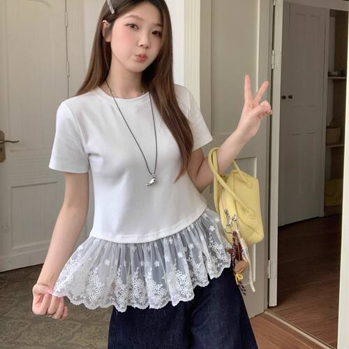 夏装大码芭蕾风蕾丝拼接短袖t恤胖mm显瘦内搭打底上衣M-XL斤