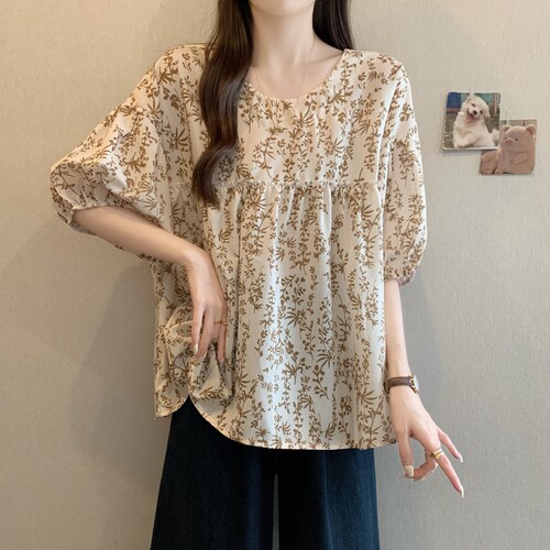 夏装新款大码女装娃娃衫甜美法式蓬蓬灯笼碎花衬衫M-XL斤