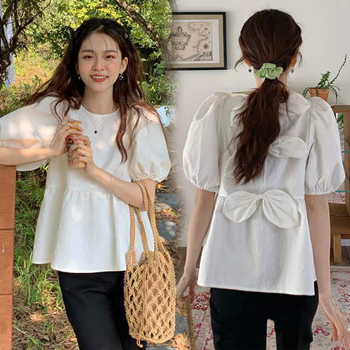 夏季大码女装后背蝴蝶结甜美娃娃衫韩版泡泡袖碎花衬衫M-XL斤
