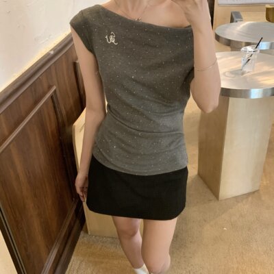大码胖MM美式斜肩烫钻短袖T恤一字肩辣妹修身显瘦上衣