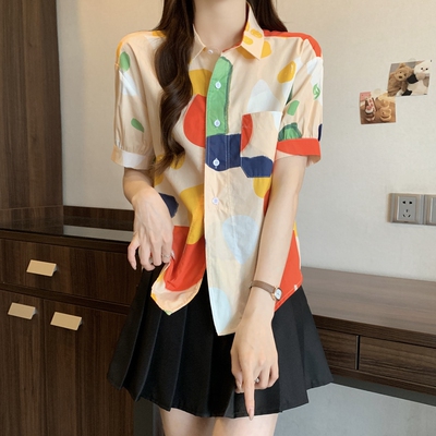 夏装新款大码女装通勤翻领彩绘涂鸦高端棉衬衫上衣M4XL200斤