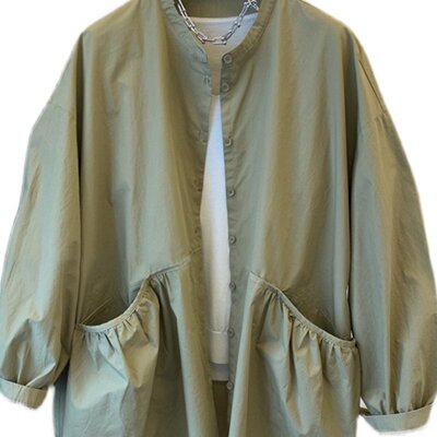 夏装韩版大码女装春秋新款双口袋长袖风衣外套衬衫上衣女