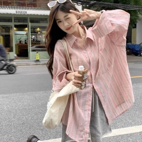 2026大码女装chic粉色条纹衬衫慵懒风防晒衬衣M-XL斤