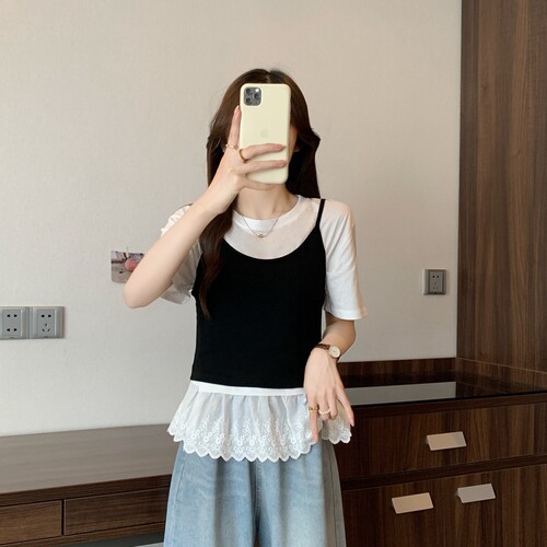 夏装新款大码女装蕾丝短袖T恤吊带百搭两件套上衣M-XL斤