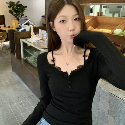 大码胖MM春季新款韩版百搭纯欲风修身显瘦T恤蕾丝花边上衣