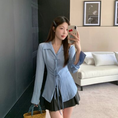 大码胖MM春季新款气质纯欲甜辣系带收腰显瘦衬衫百搭上衣