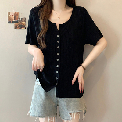 2026夏装新款胖mm大码女休闲镂空宽松显瘦冰丝短袖针织上衣