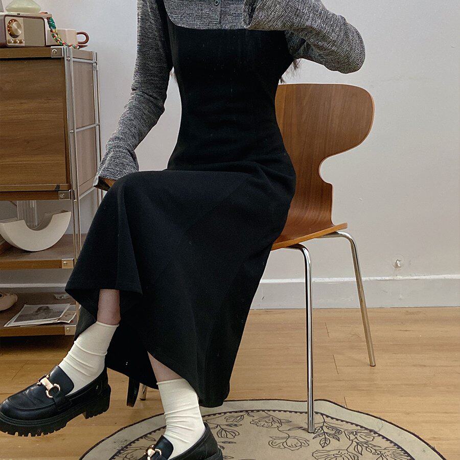 ～大码女装早秋衬衫领假两件长袖简约风清纯A字连衣裙胖MM