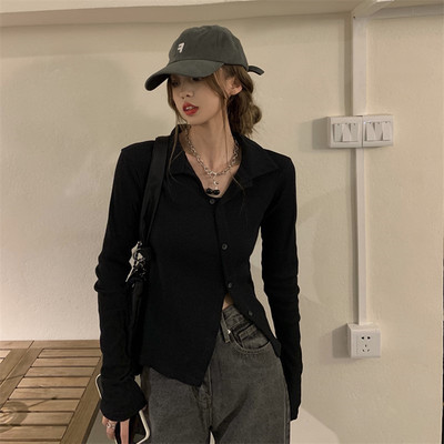 秋装大码辣妹修身不规则T恤设计感小众polo领上衣