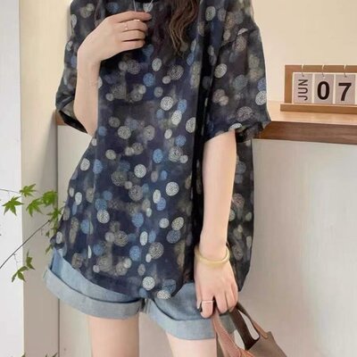 夏季新款原版质量中长款设计感波点设计感圆领短袖上衣T