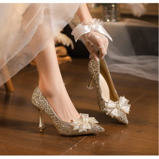 大码高跟鞋41到43宽胖脚婚鞋新娘鞋女订婚金色尖头蝴蝶结银色单鞋