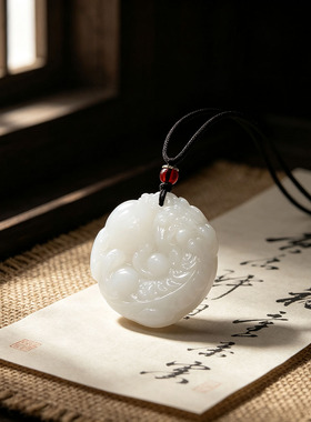 白色貔貅吊坠项链圆牌