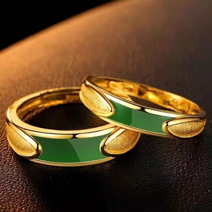 金色戒指镶嵌碧绿情侣款可调节开口指环活口男女士送礼物百搭戒指