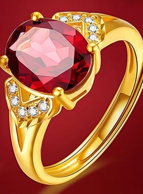 镶嵌设计石红宝戒指女指环饰品开口可调节时尚气质首饰送爱人妈妈