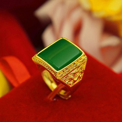 金色戒指男士款金镶玉男戒