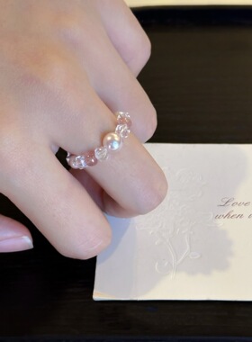 天然草莓晶曼塔玫瑰施家珍珠切面白水晶戒指女简约精致轻奢风指环