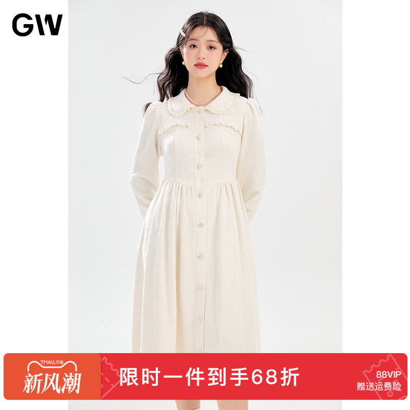 GW大码女装法式气质减龄收腰娃娃领显瘦连衣裙2025秋季新款微胖mm