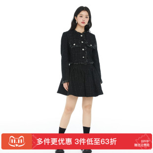 新款 GW大码 2025秋季 小香风毛边高腰蓬蓬裙显瘦藏肉套装 女 胖mm女装